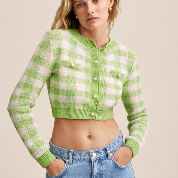 São Paulo Green/White Checkered Cropped Cardigan - Picture 1 of 8